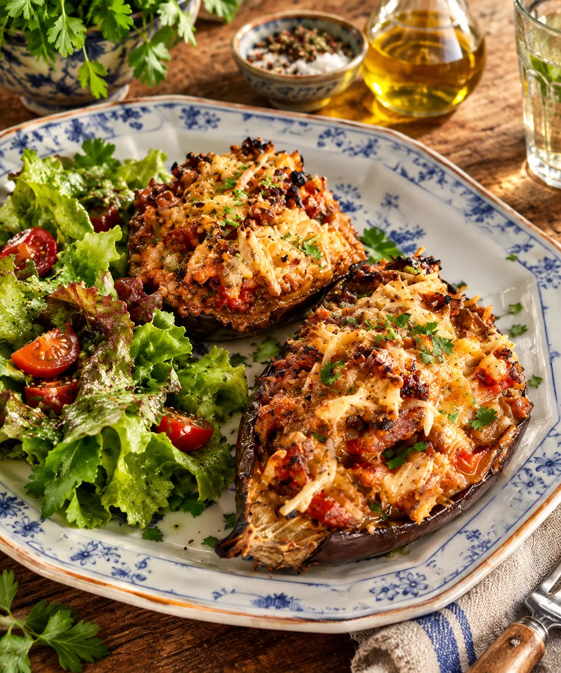 Aubergines farcies gratinées servies avec une salade verte