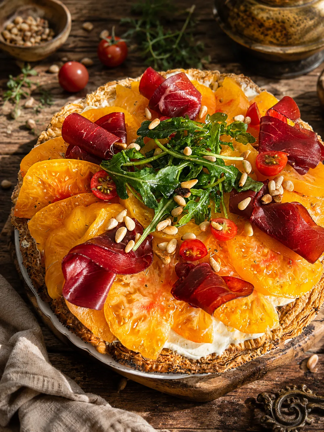 Tarte aux tomates, roquette, viande des Grisons et pignons de pin